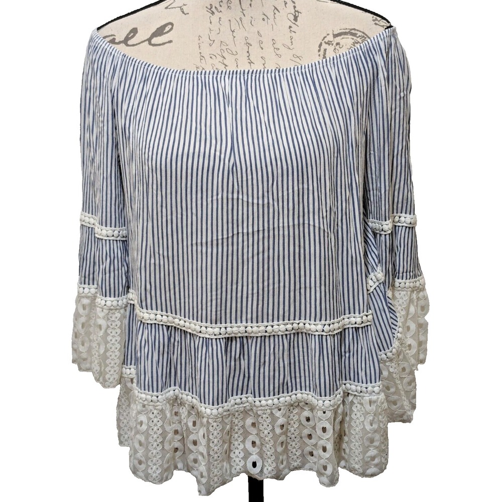 Lola Top Blouse Small Navy White Stripe Lace Off Shoulder Bohemian  Italy